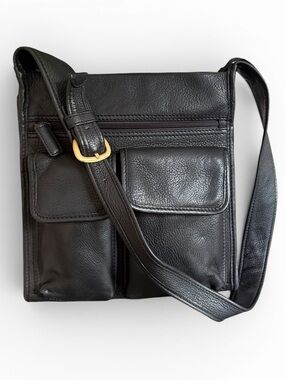 Fossil Vintage Black Pebble Leather Shoulder Bag with Front Pockets